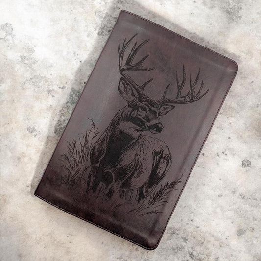 Personalized ESV Thinline Bible Large Print: Engraved Buck Deer Design, Mahogany Leatherlike Cover
