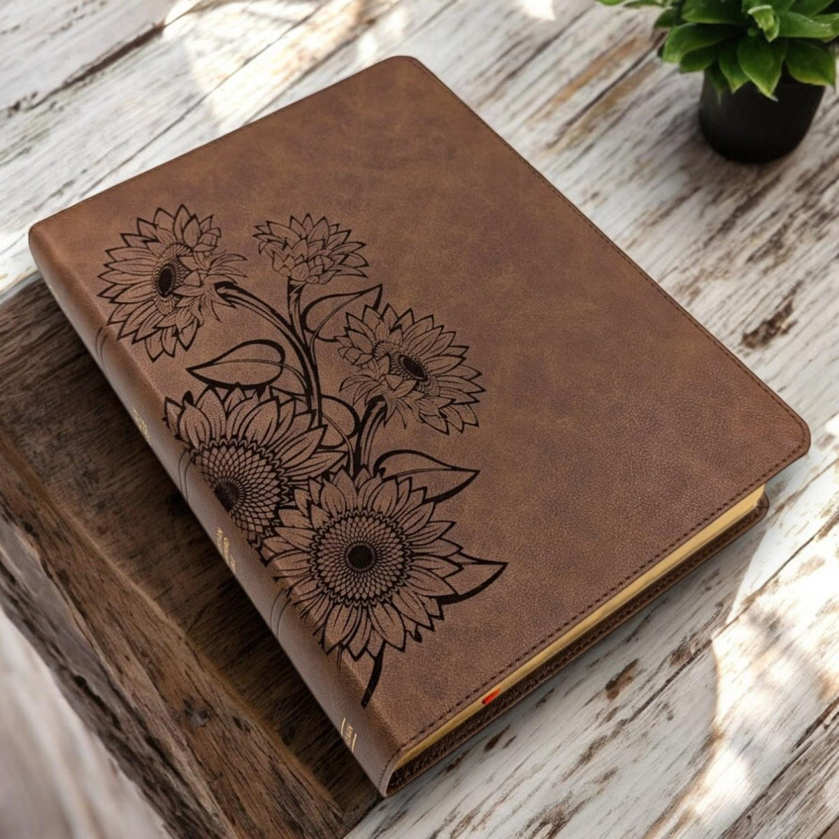 Personalized KJV Bible for Women: Engraved Sunflower Design, Wide Margin, Brown Leatherlike