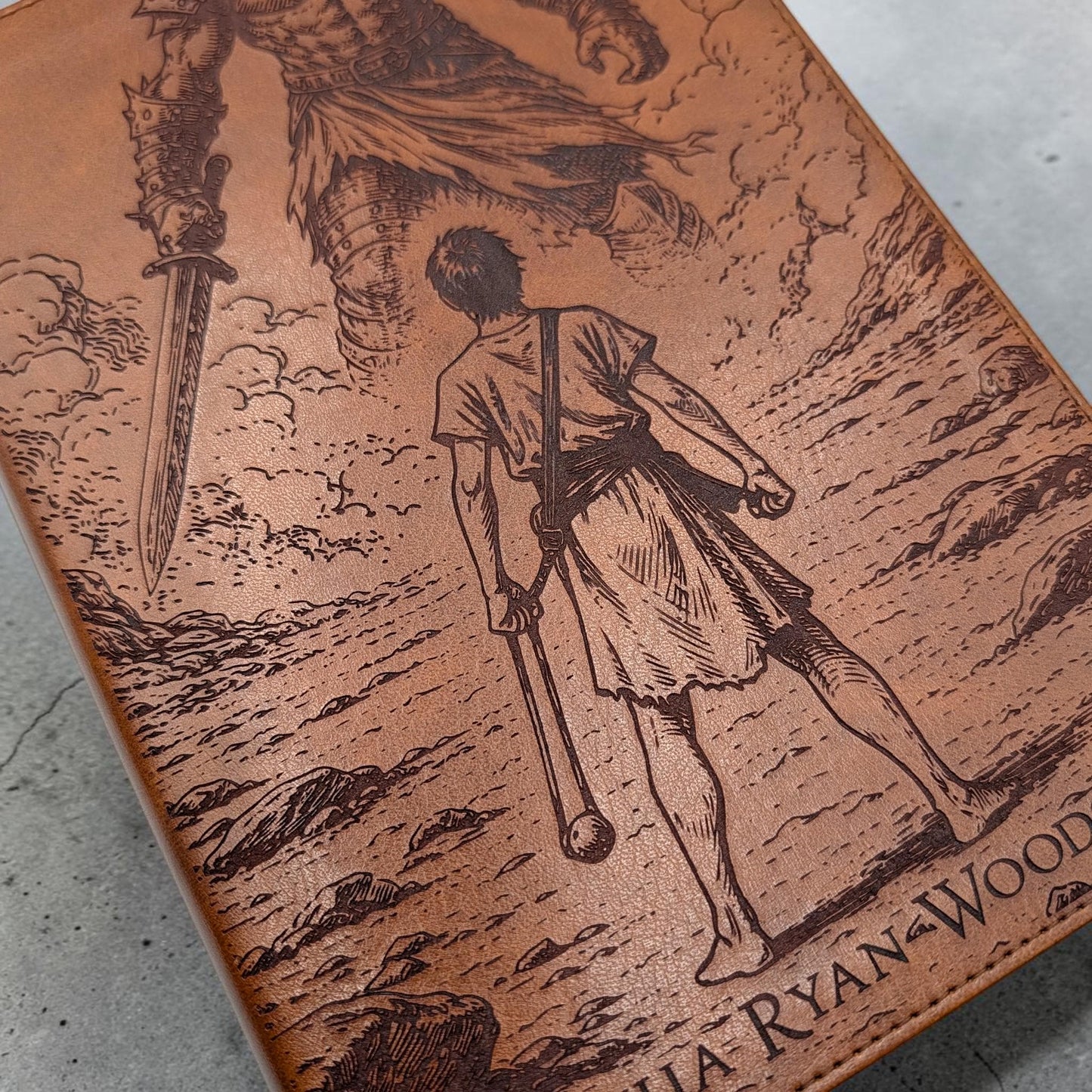 Personalized CSB He Reads Truth Bible: Engraved David & Goliath, Brown Leatherlike, Wide Margin