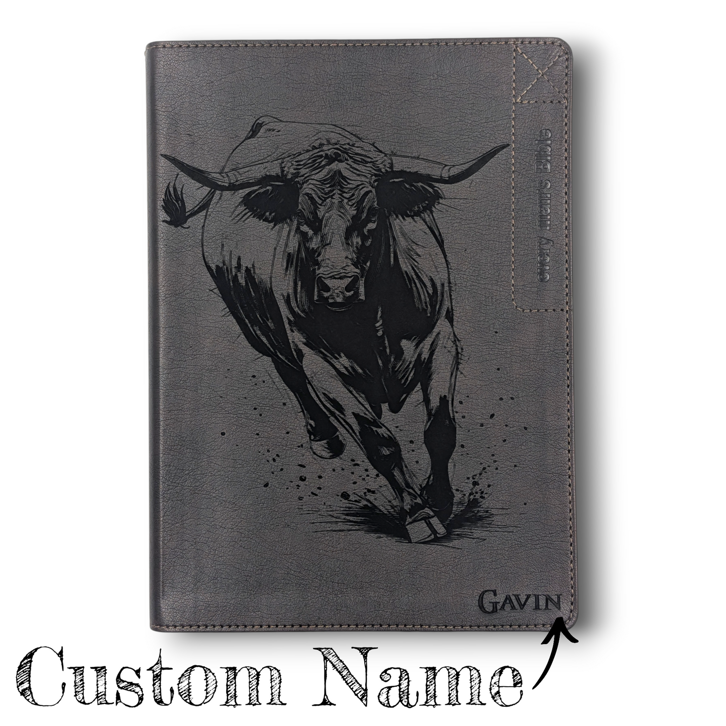 Personalized Every Man's Large Print NIV Bible: Engraved Rodeo Bull and Kneeling Cowboy, Brown