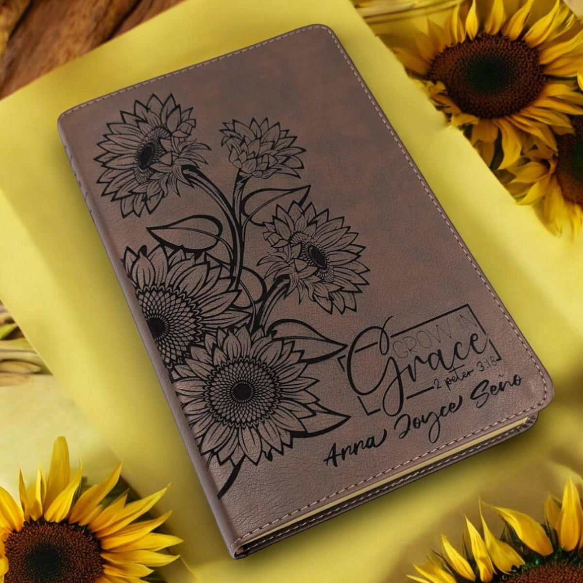 Personalized NLT Thinline Reference Bible for Women: Engraved Sunflower & Grow in Grace, Rustic Brown