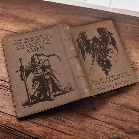 Personalized KJV Bible: Engraved Michael the Archangel and Kneeling Warrior, Wide Margin, Brown Leatherlike