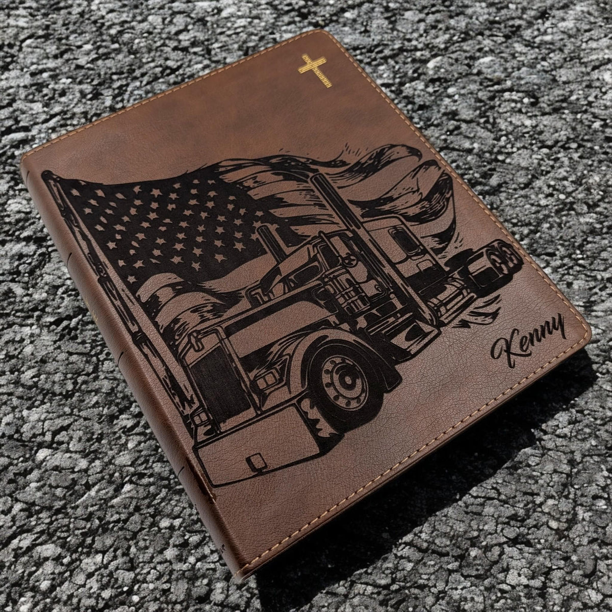 Personalized NIV Journal Bible: Engraved Semi Truck and American Flag, Lined Wide Margins