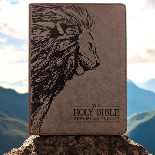 Personalized KJV Bible: Engraved Lion, Wide Margin, Brown Leatherlike