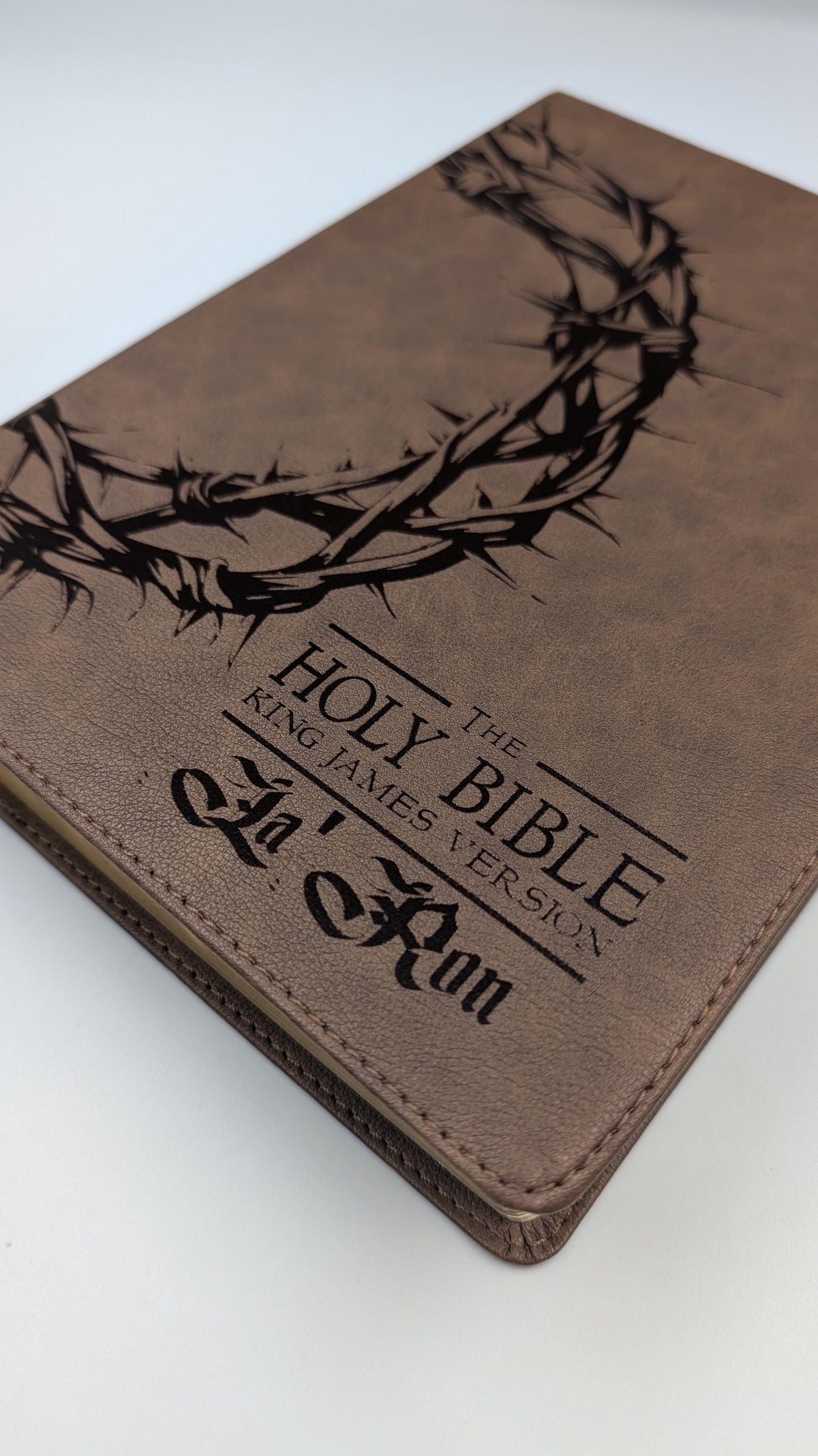 Personalized KJV Bible: Engraved Crown of Thorns, Wide Margin, Brown Leatherlike