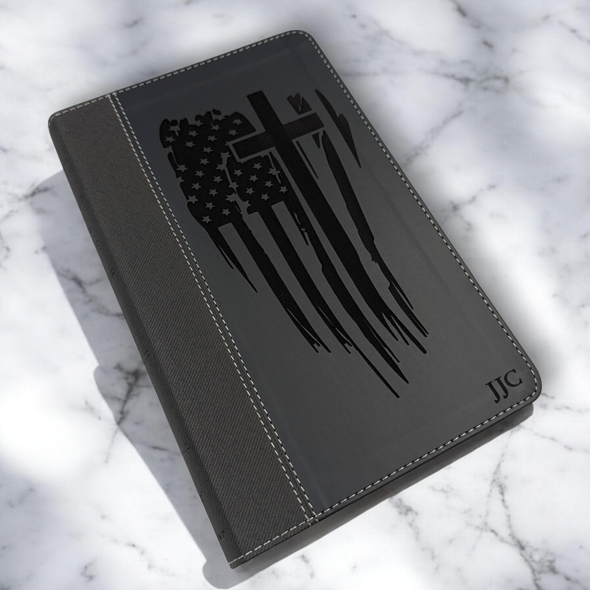 Personalized NIV Bible Large Print: Engraved American Flag and Cross, Black Leatherlike