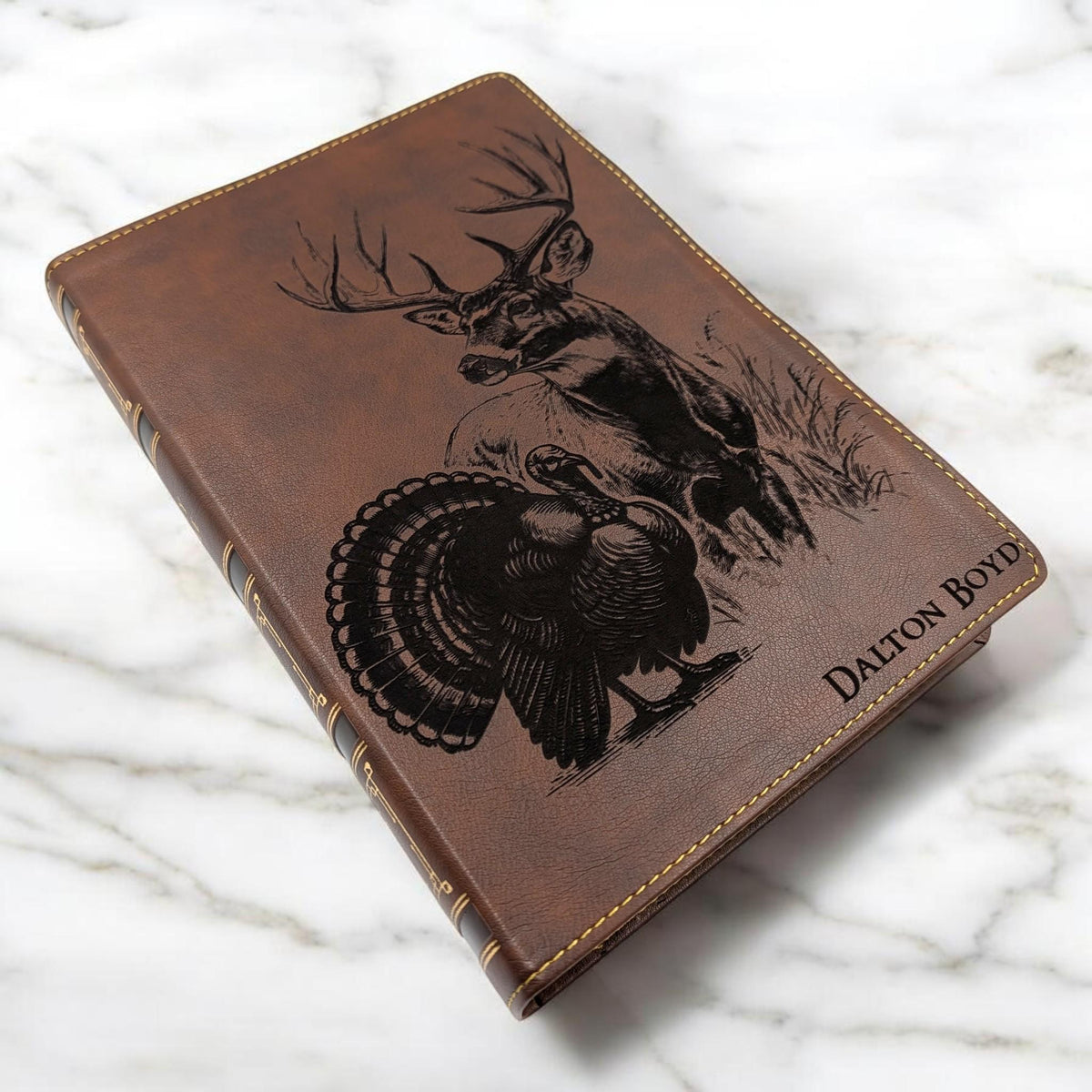 Personalized NKJV Bible with References: Engraved Buck Deer and Turkey, Wide Margins
