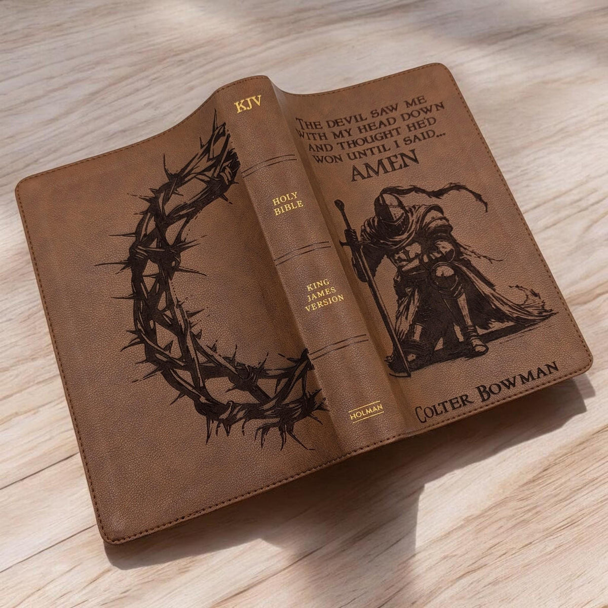Personalized KJV Bible Personal Size: Engraved Kneeling Warrior and Crown of Thorns, Brown Cover