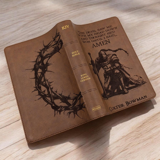 Personalized KJV Bible Personal Size: Engraved Kneeling Warrior and Crown of Thorns, Brown Cover