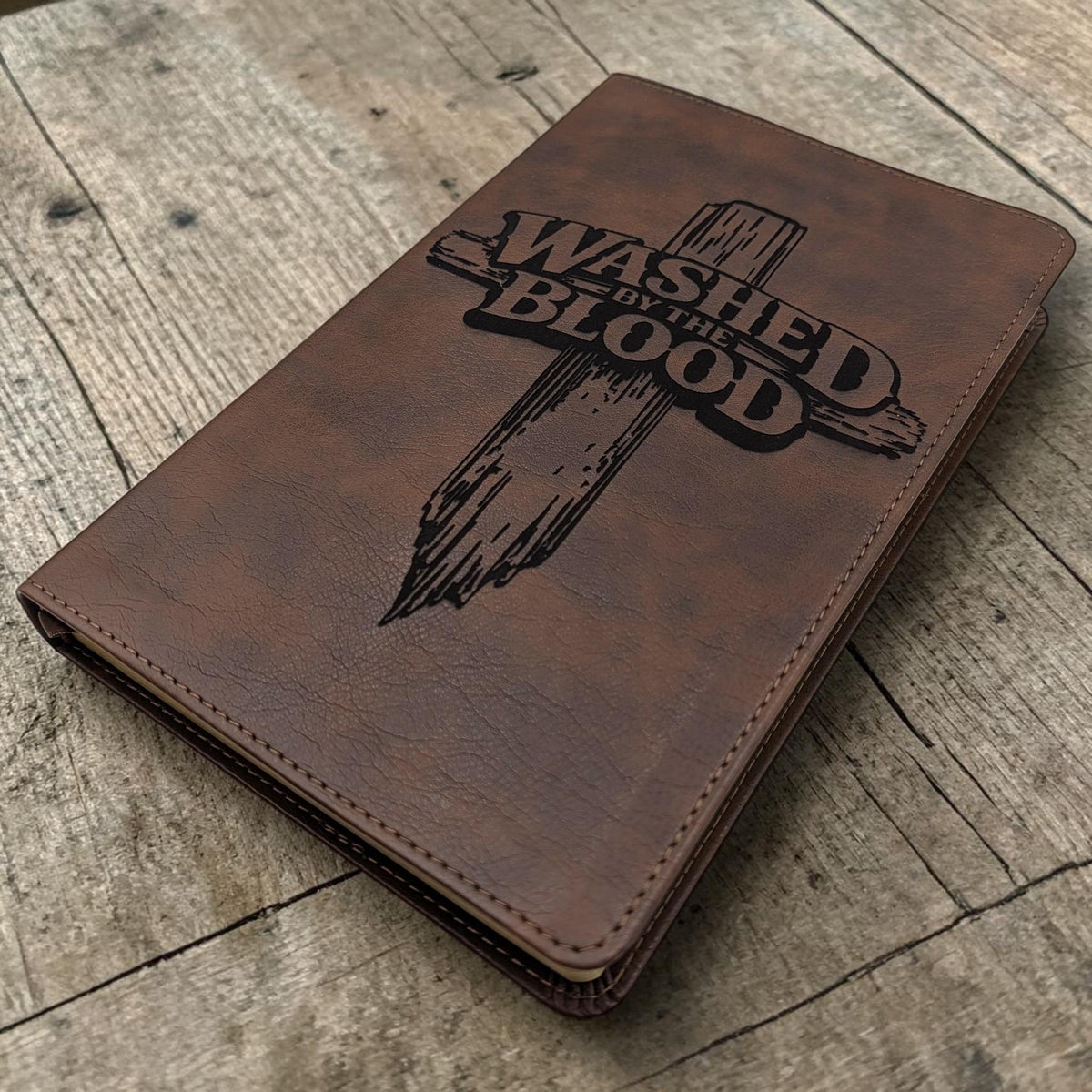 Personalized NLT Thinline Reference Bible: Engraved Washed By The Blood Cross Design, Rustic Brown Cover