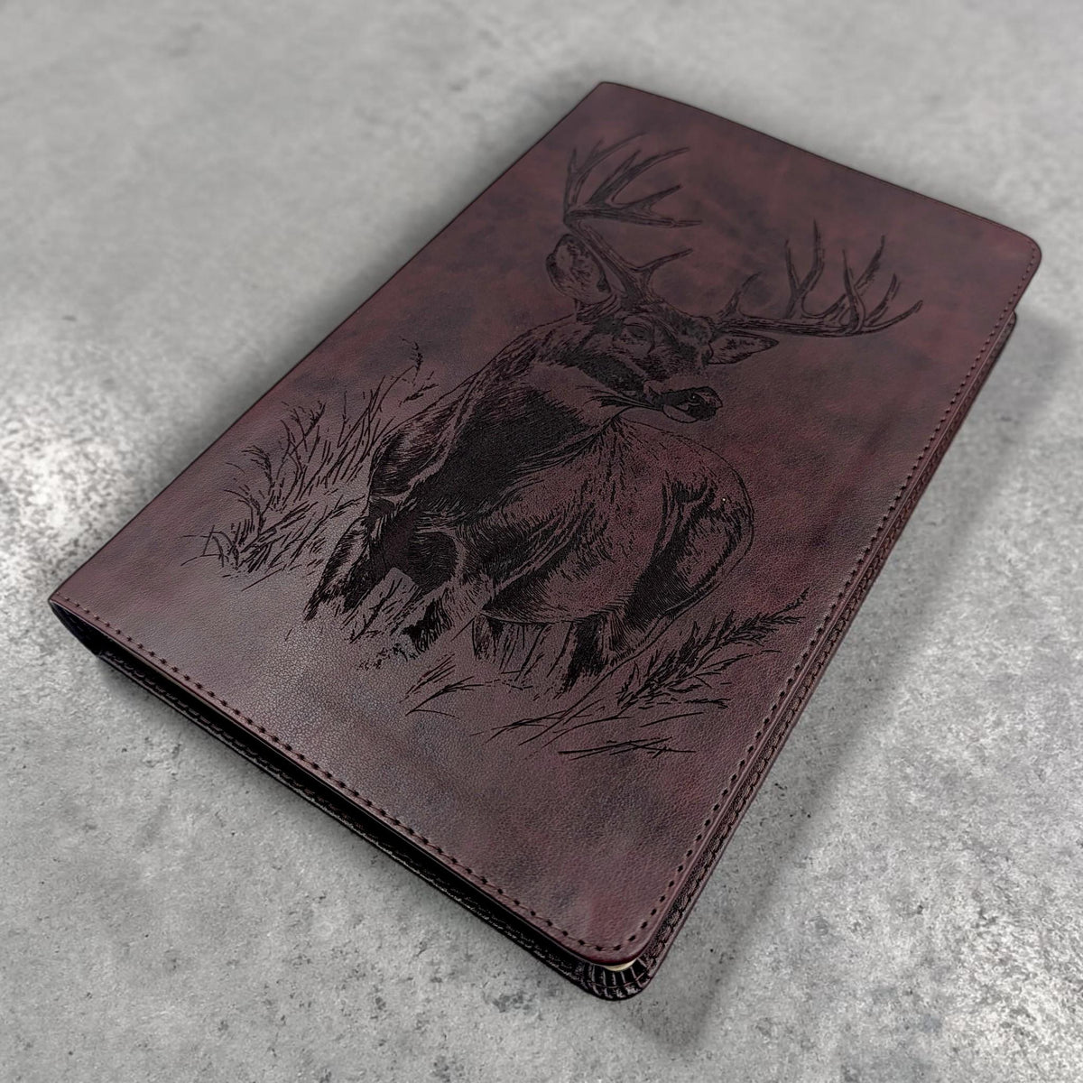 Personalized ESV Thinline Bible Large Print: Engraved Buck Deer Design, Mahogany Leatherlike Cover