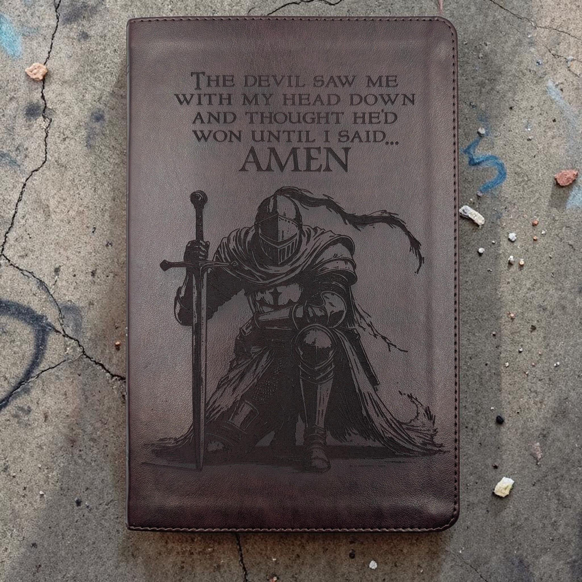 Personalized ESV Thinline Bible Large Print: Engraved Kneeling Warrior, Mahogany Cover, Red Letter