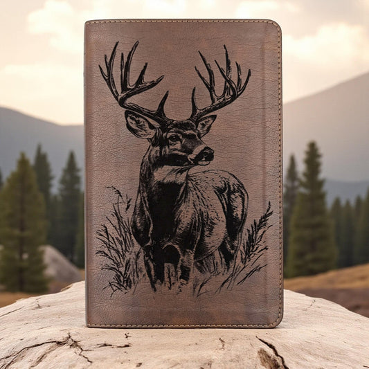 Personalized NLT Thinline Reference Bible: Engraved Buck Deer, Rustic Brown Leatherlike