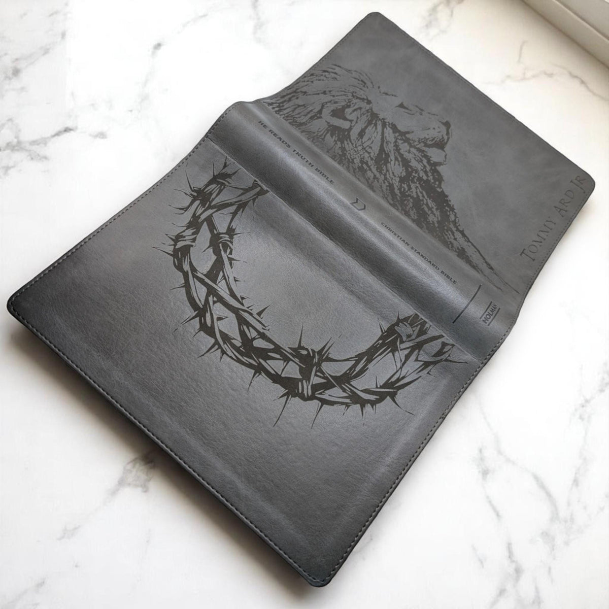 Personalized CSB He Reads Truth Bible: Engraved Lion & Crown, Gray Leatherlike, Wide Margin