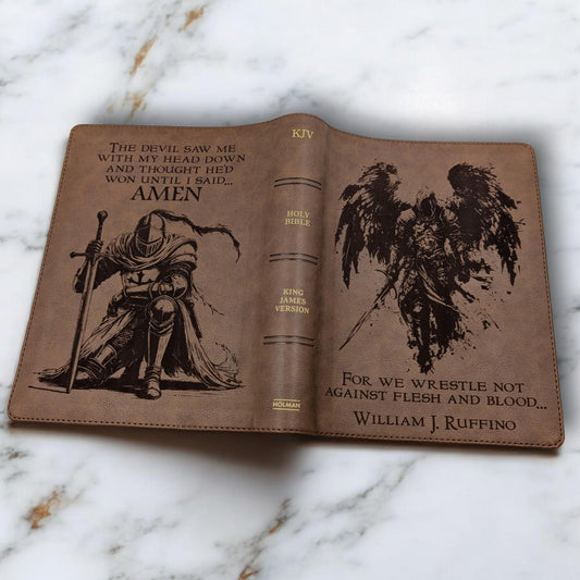 Personalized KJV Bible: Engraved Michael the Archangel and Kneeling Warrior, Wide Margin, Brown Leatherlike