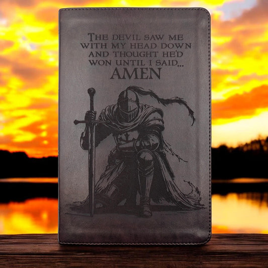 Personalized ESV Thinline Bible Large Print: Engraved Kneeling Warrior, Mahogany Cover, Red Letter