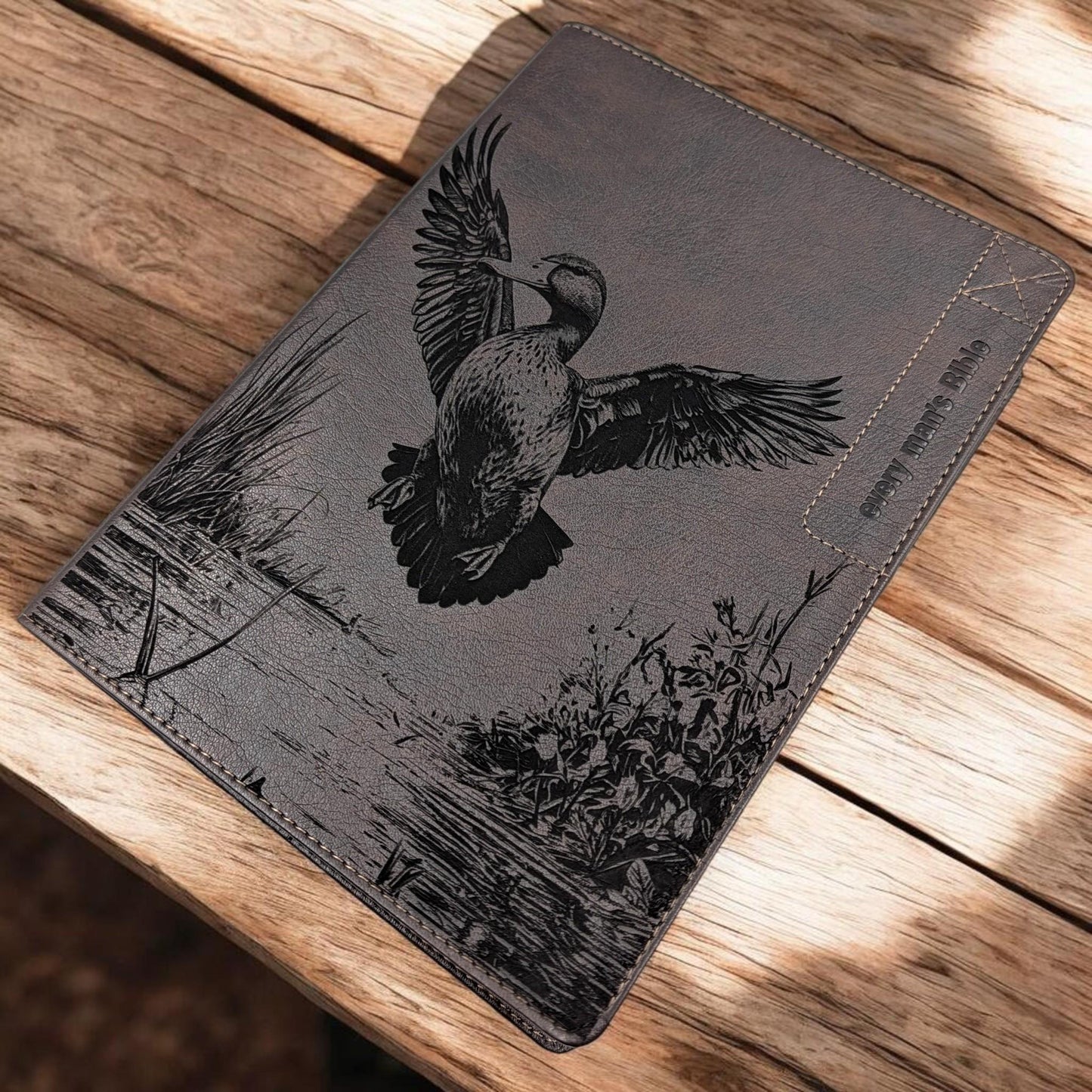 Personalized Every Man's Large Print NIV Bible: Duck Engraving, Custom Name, Brown Leatherlike