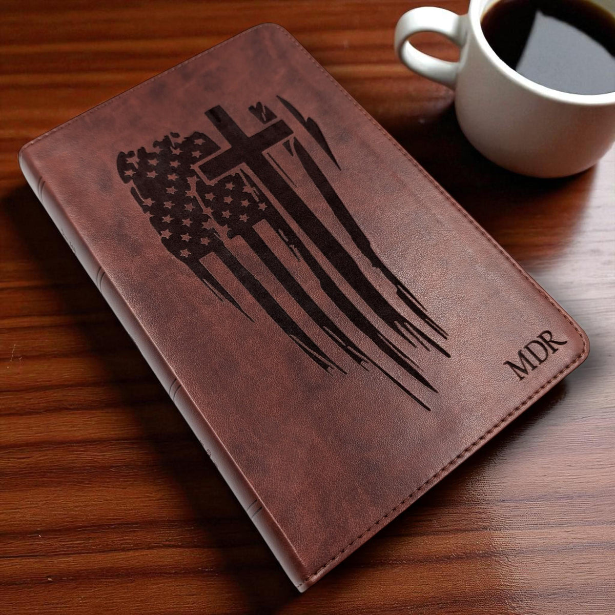 Personalized ESV Bible Large Print: Engraved American Flag, Cross and Custom Name