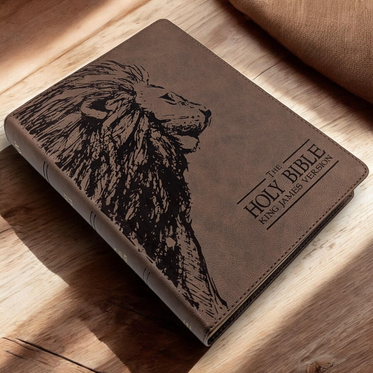 Personalized KJV Bible: Engraved Lion, Wide Margin, Brown Leatherlike