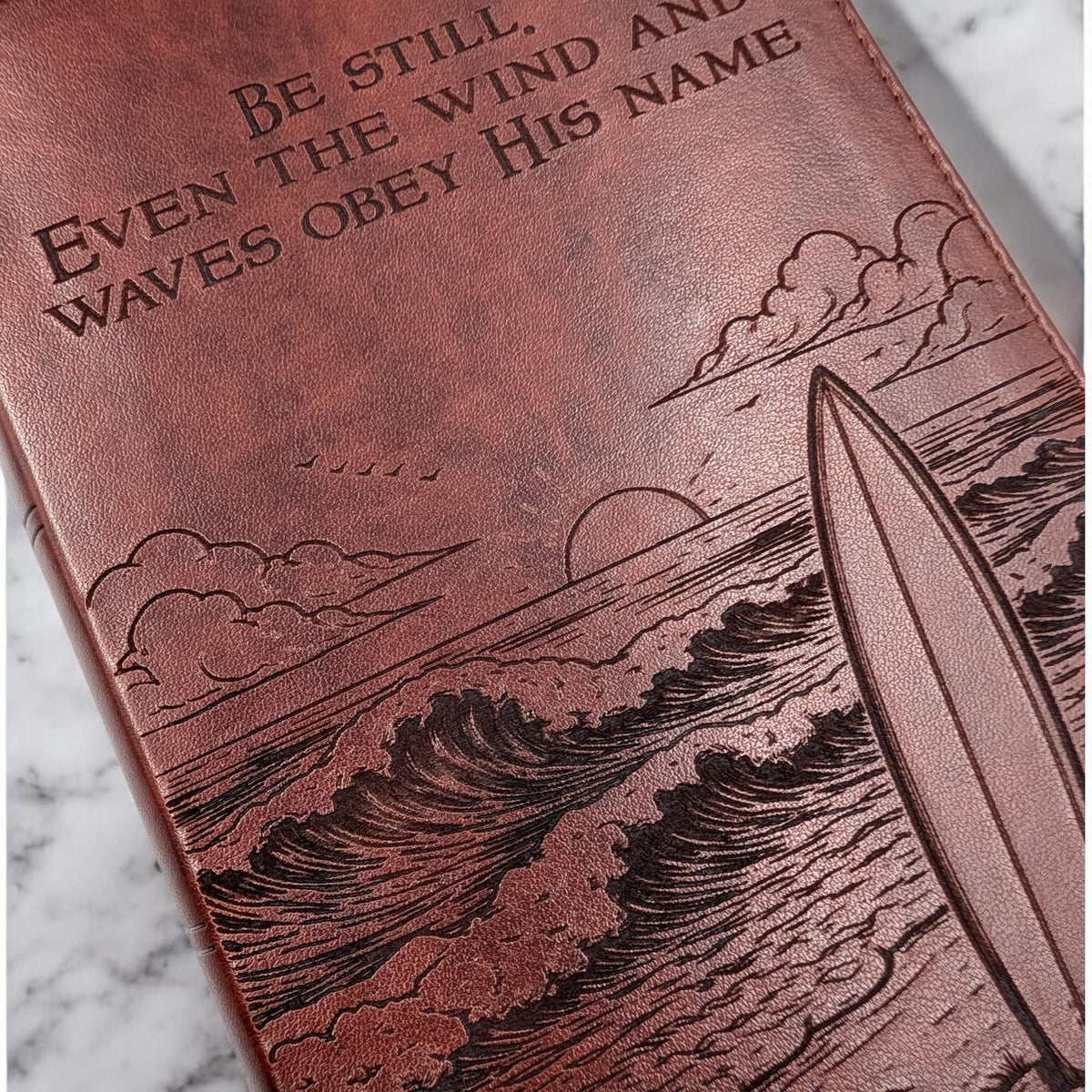 Personalized ESV Bible Large Print: Engraved with Ocean Waves and Surfboard Design, Custom Name