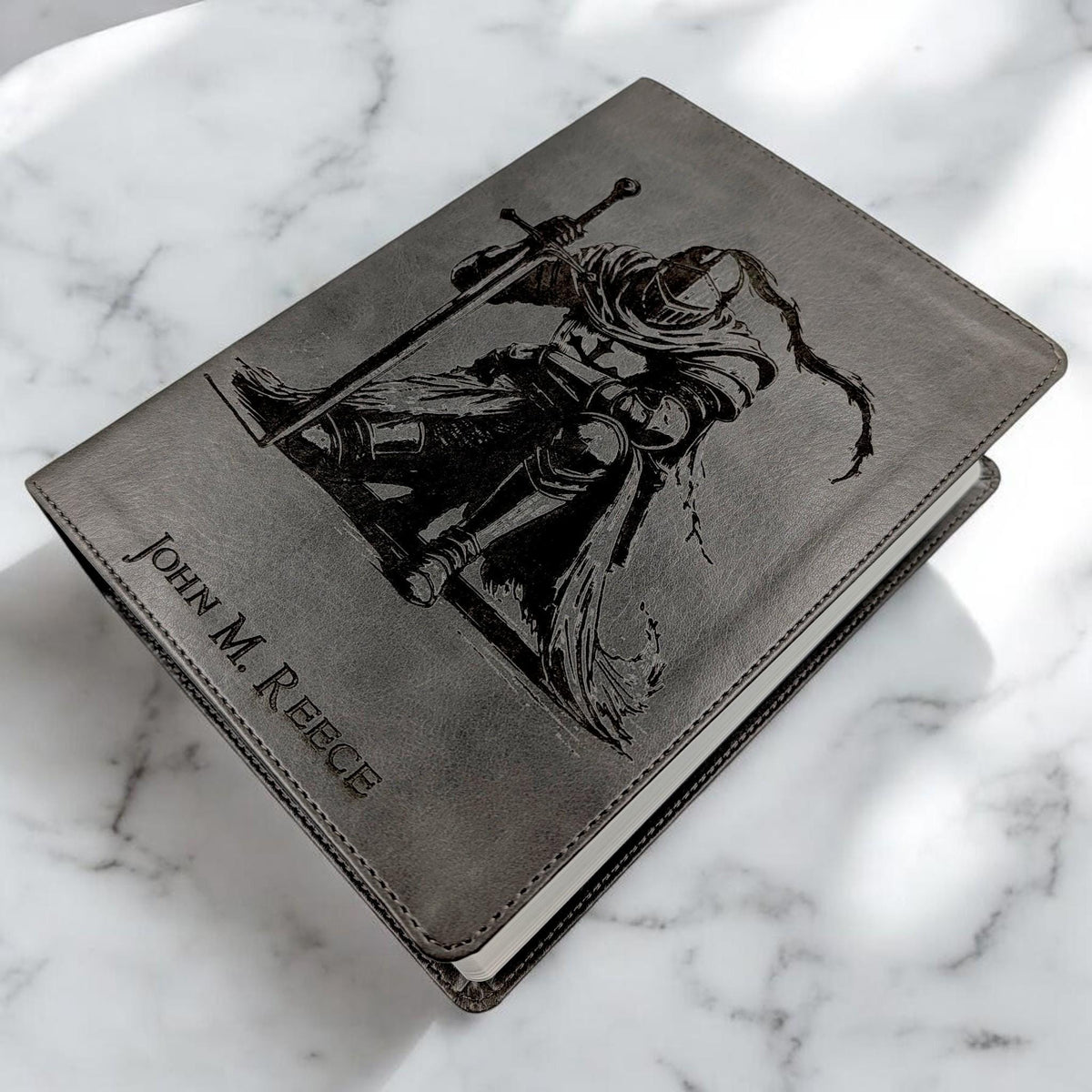 Personalized CSB He Reads Truth Bible: Engraved Kneeling Knight, Gray Leatherlike, Wide Margin