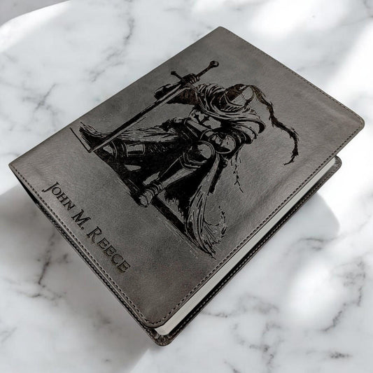 Personalized CSB He Reads Truth Bible: Engraved Kneeling Knight, Gray Leatherlike, Wide Margin