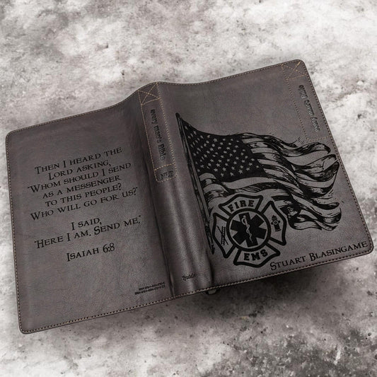 Personalized Every Man's Large Print NLT Bible (Brown): Engraved EMS & Firefighter, Optional Thumb Index
