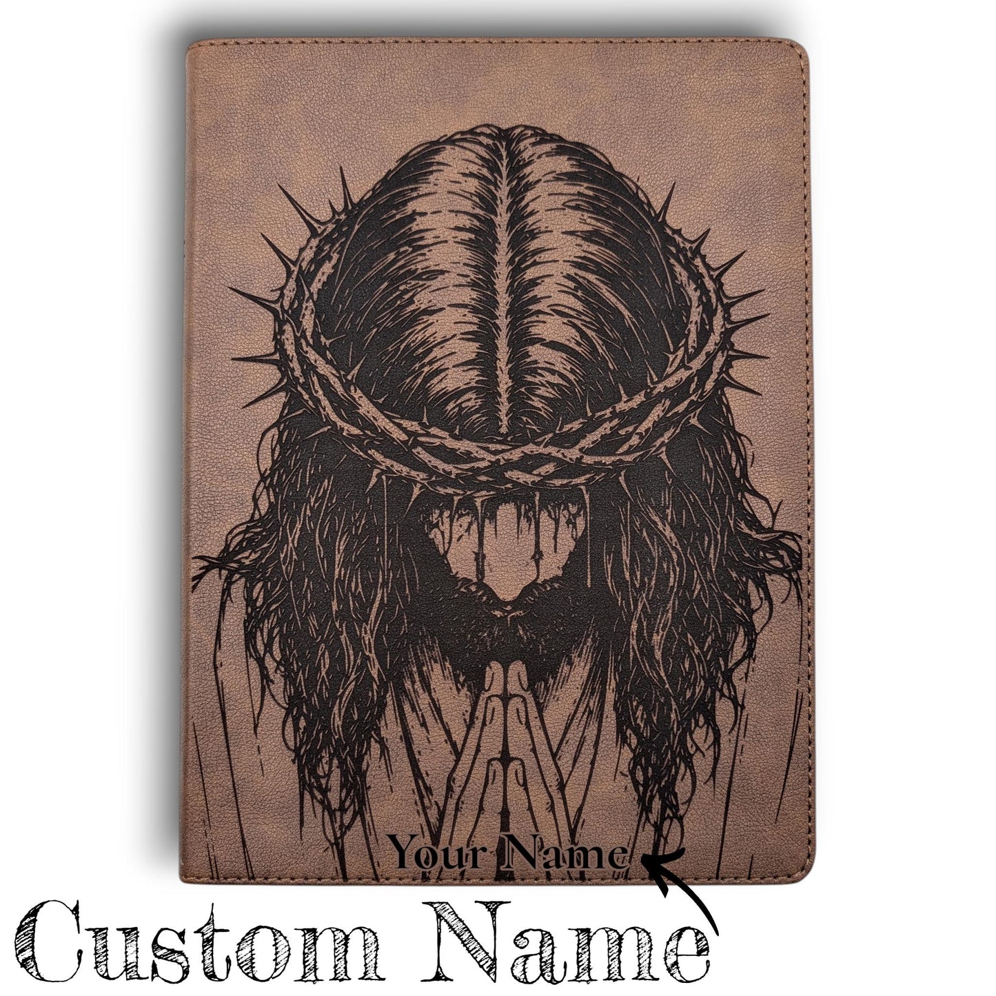 Personalized KJV Bible: Praying Jesus with Crown of Thorns Engraving, Wide Margin, Brown Leatherlike