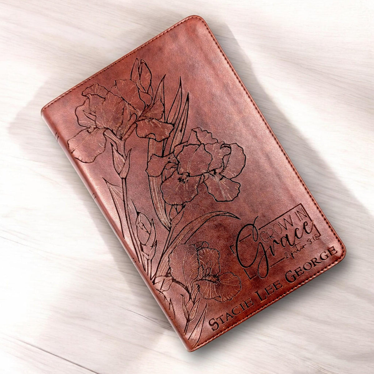 Personalized ESV Bible Large Print: Engraved Iris Flower, Crown of Thorns - Grow in Grace