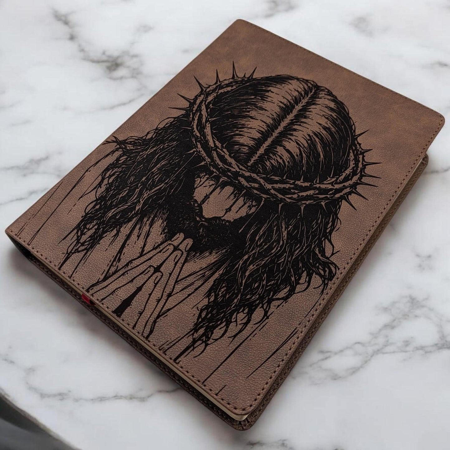 Personalized KJV Bible: Praying Jesus with Crown of Thorns Engraving, Wide Margin, Brown Leatherlike