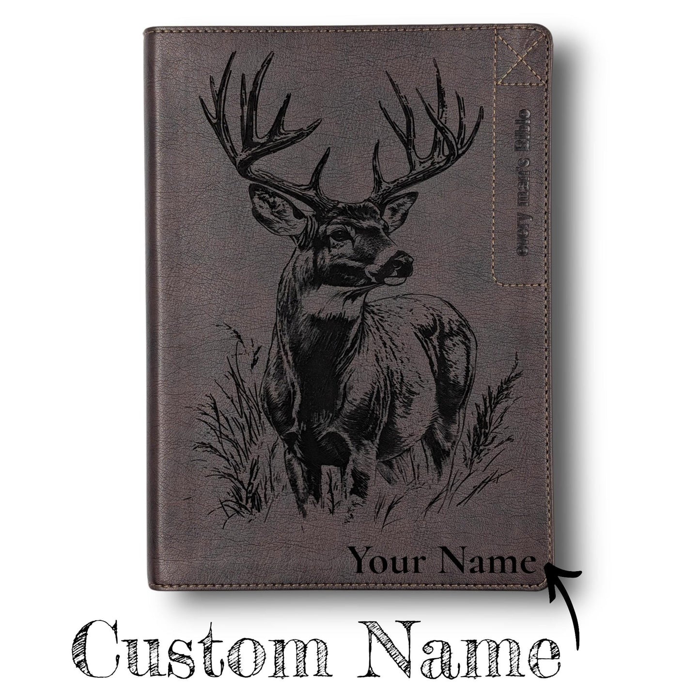 Personalized Every Man's Large Print NIV Bible: Engraved Buck Deer, Brown Leatherlike