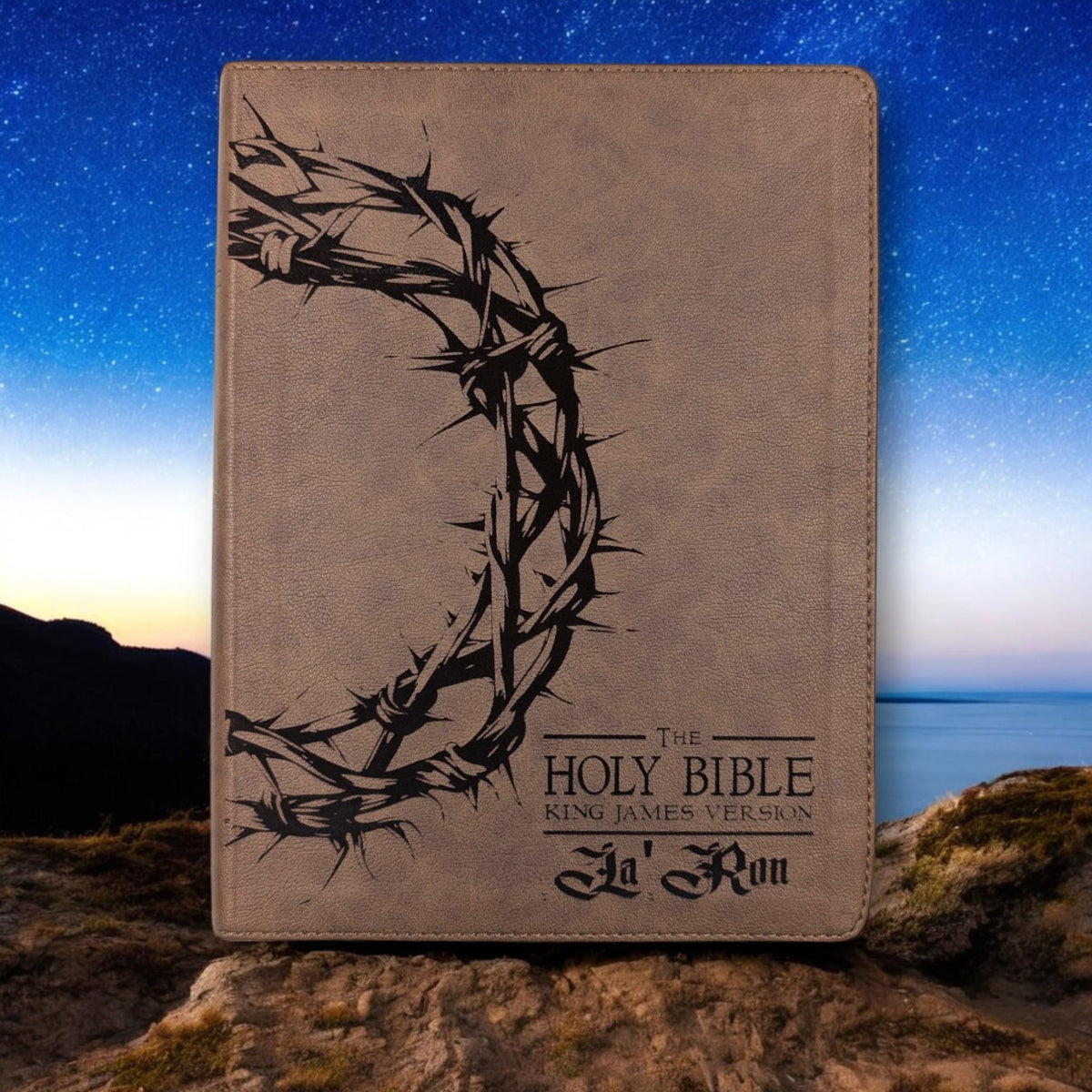 Personalized KJV Bible: Engraved Crown of Thorns, Wide Margin, Brown Leatherlike