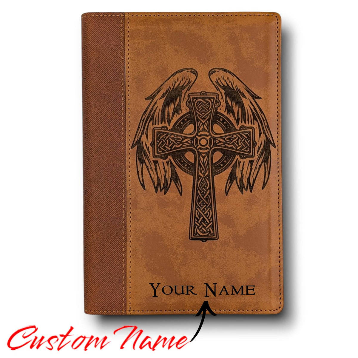 Personalized NIV Bible Large Print: Engraved Celtic Cross & Angel Wings, Brown Leatherlike