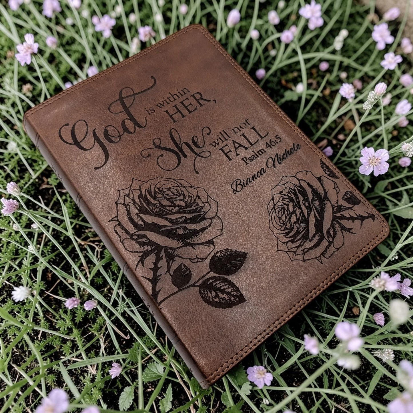 Personalized ESV Bible Giant Print (Brown): Rose Engraving Psalm 46 5, Gift for Her