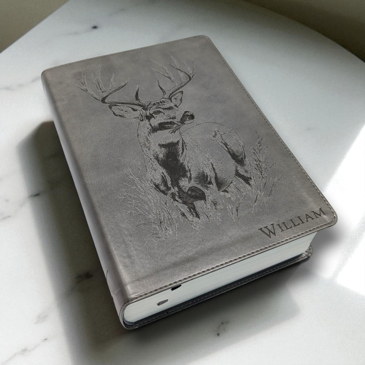 Personalized CSB He Reads Truth Bible: Engraved Buck Deer, Gray Leatherlike, Wide Margin