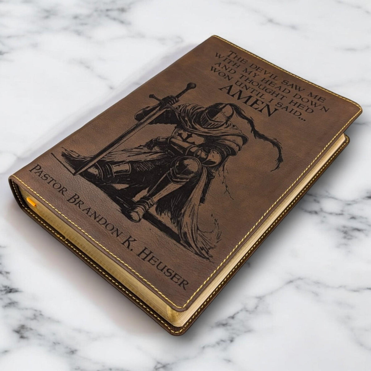 Personalized NKJV Bible with References: Engraved Kneeling Warrior, Wide Margins