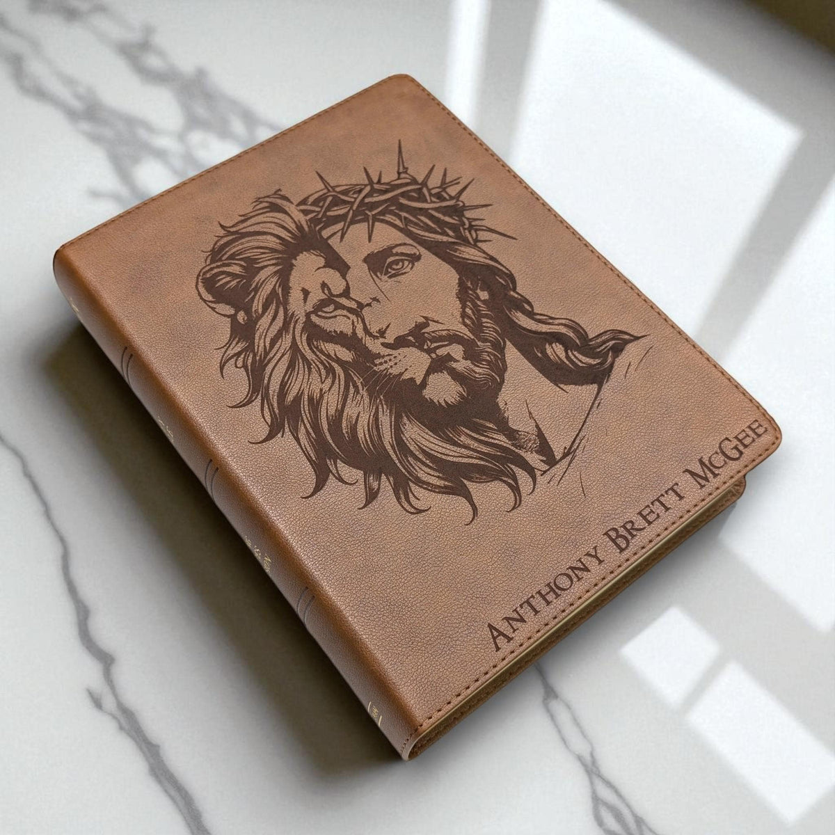 Personalized KJV Bible: Engraved Lion and Jesus, Wide Margin, Brown Leatherlike
