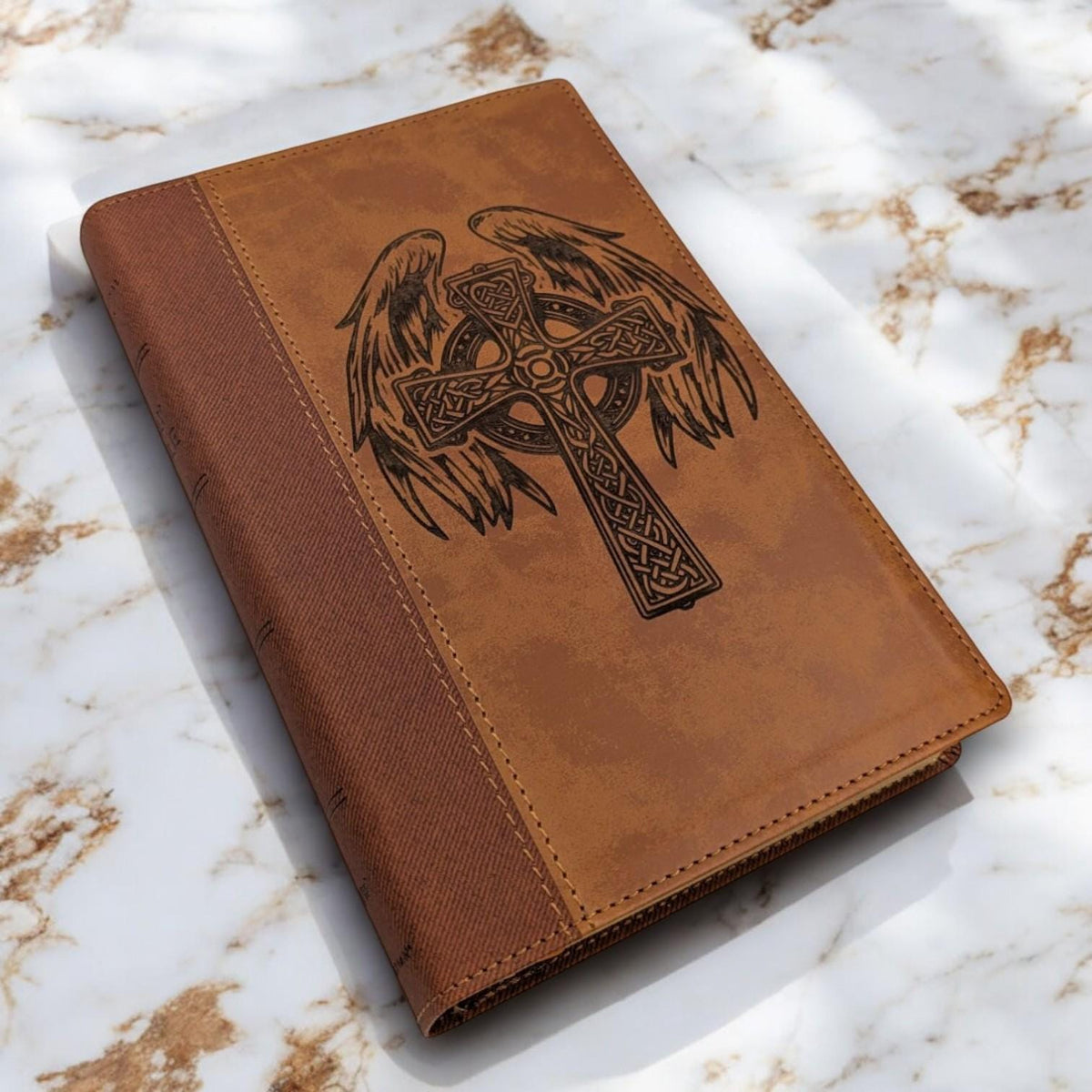 Personalized NIV Bible Large Print: Engraved Celtic Cross & Angel Wings, Brown Leatherlike