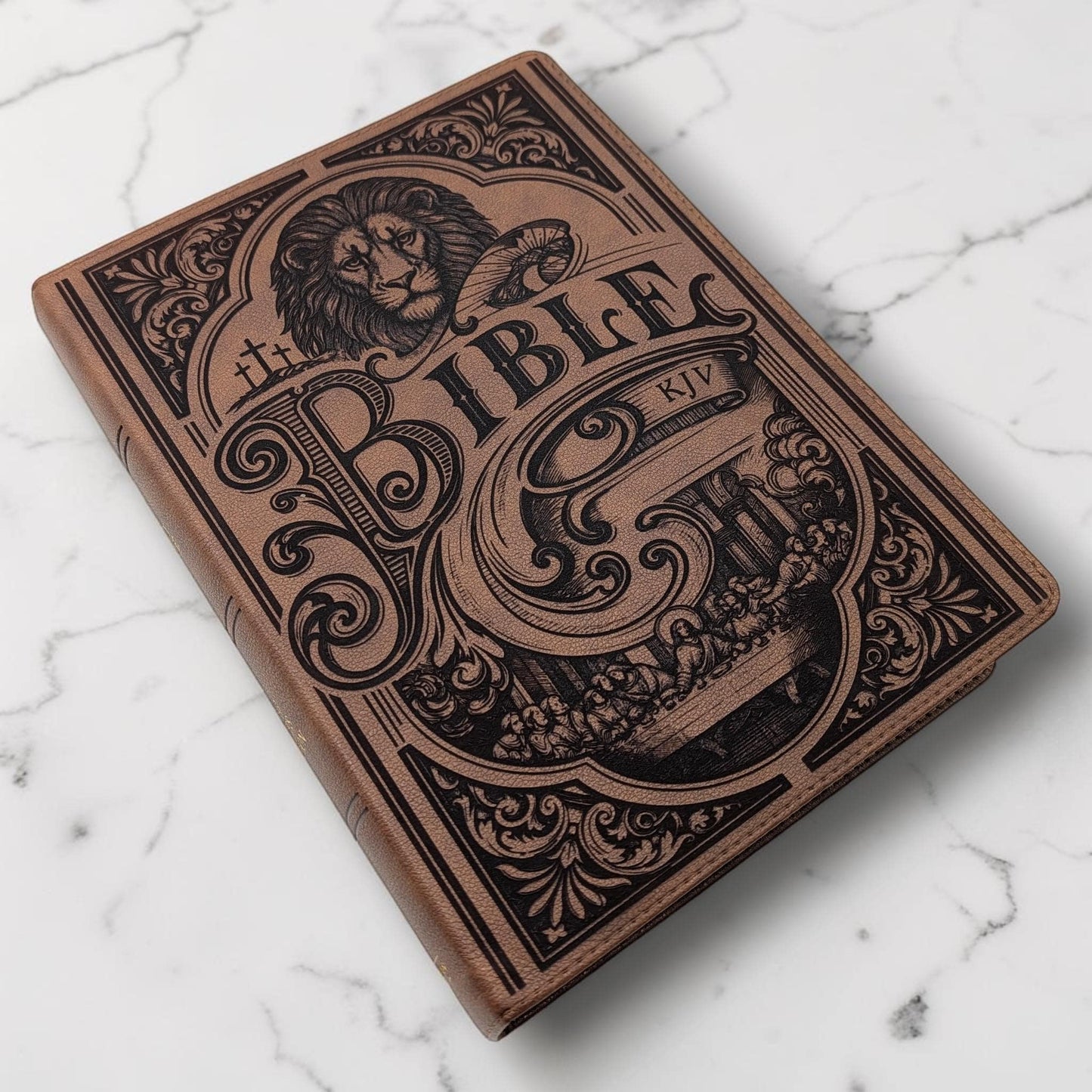 Personalized KJV Bible: Lion, Cross, Empty Tomb & Last Supper Engraving, Wide Margin, Brown Leatherlike