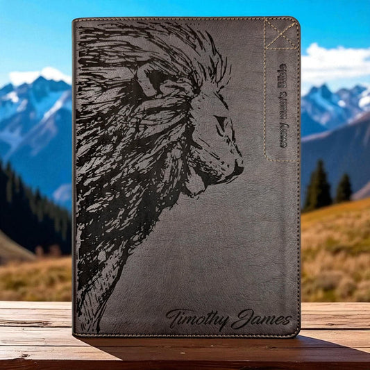 Personalized Every Man's Large Print NLT Bible (Brown): Engraved Lion, Optional Thumb Index
