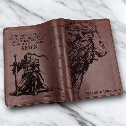 Personalized Large Print ESV Bible: Engraved Lion and Kneeling Warrior
