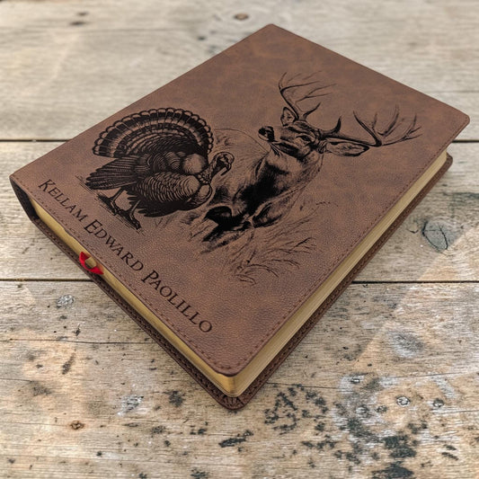 Personalized KJV Bible: Engraved Deer and Turkey, Wide Margin, Brown