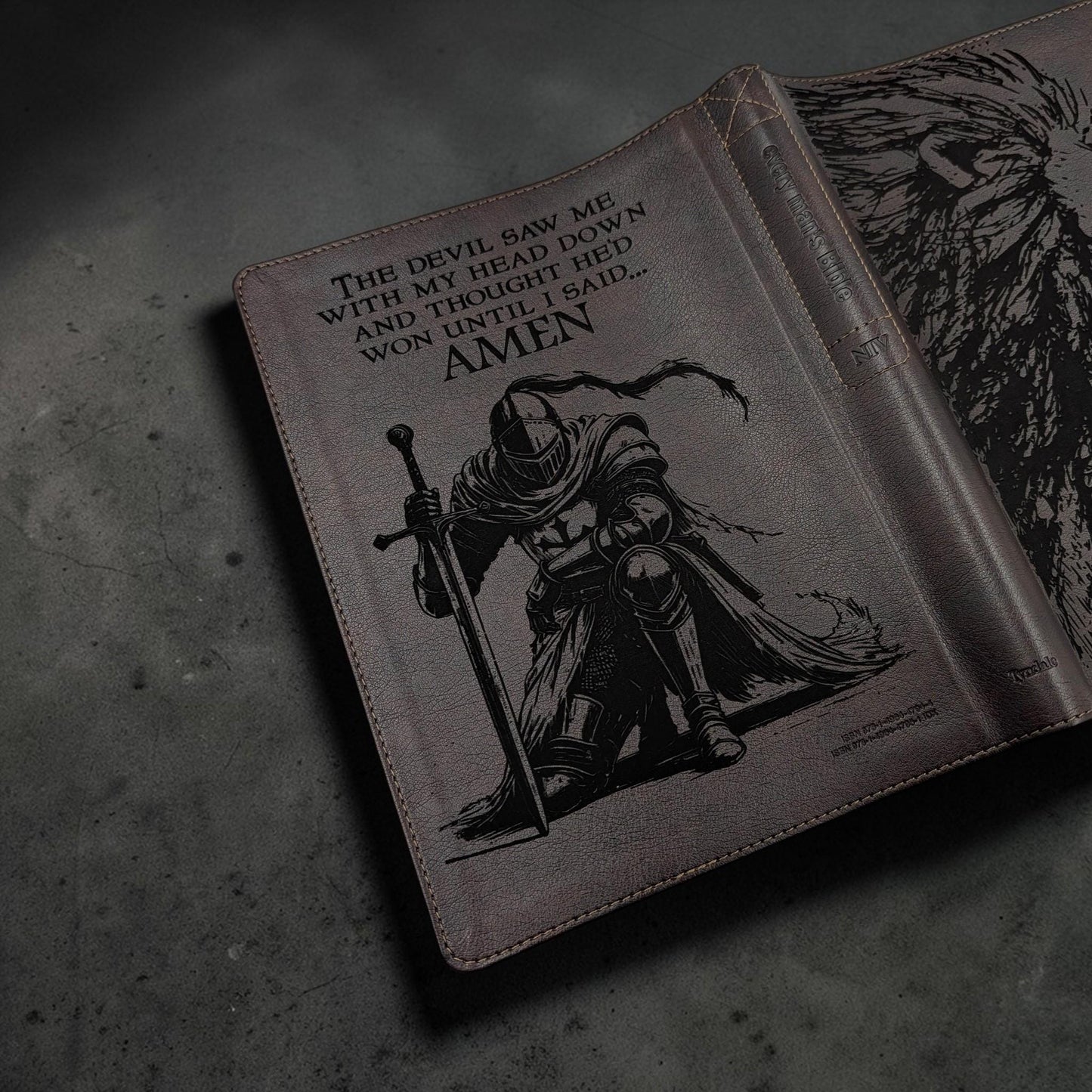 Personalized Every Man's Large Print NIV Bible: Engraved Lion and Kneeling Warrior, Brown Leatherlike