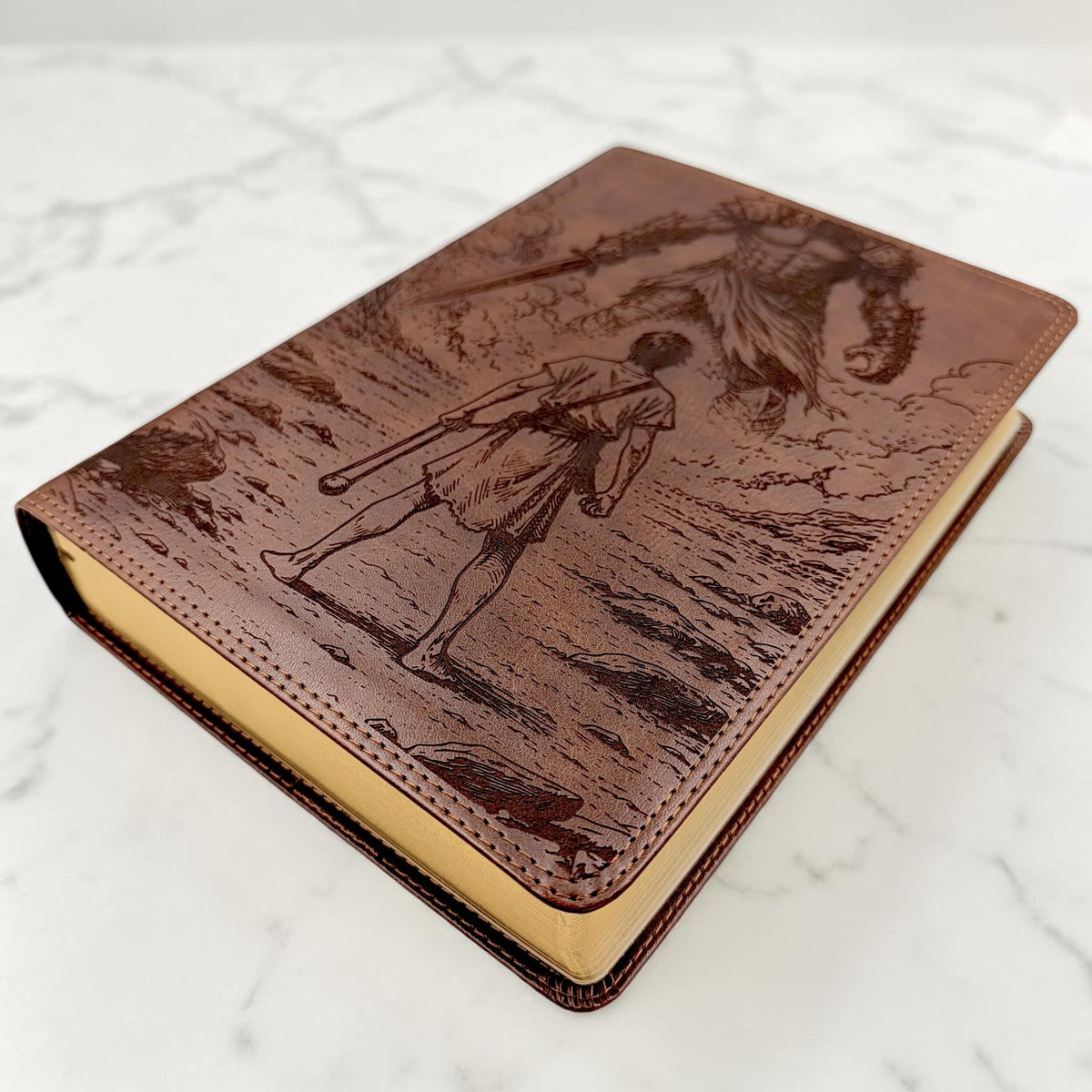 Personalized ESV Bible Giant Print: Engraved David and Goliath Design, Deep Brown Leatherlike