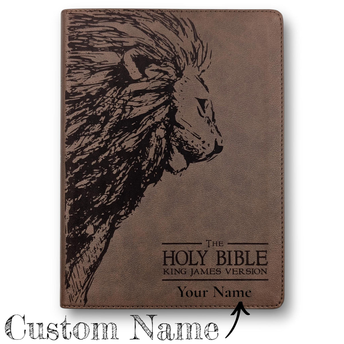 Personalized KJV Bible: Engraved Lion, Wide Margin, Brown Leatherlike