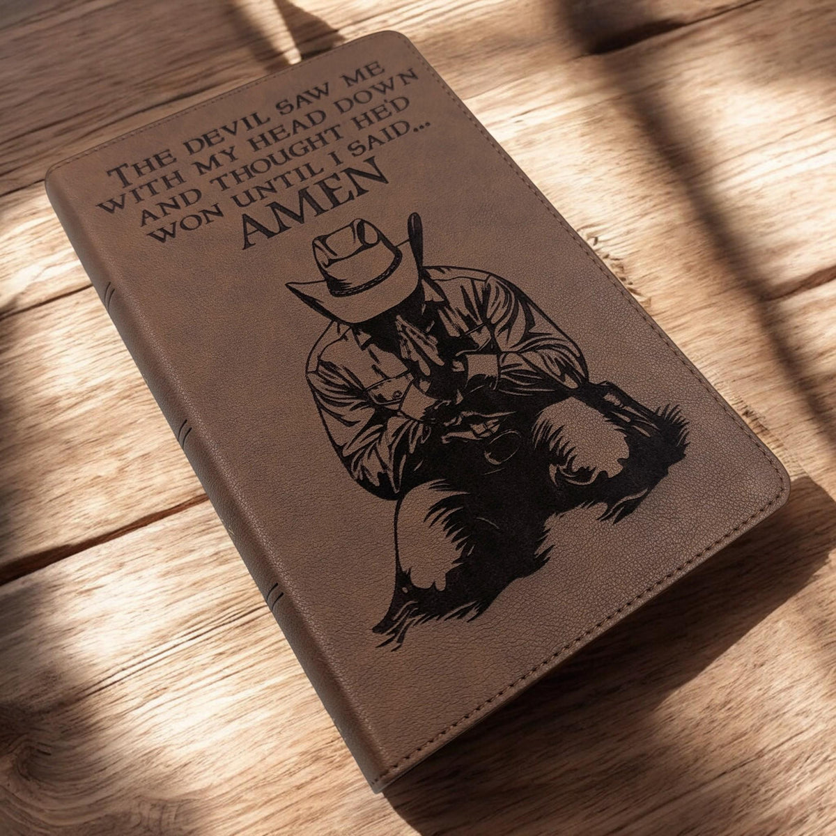 Personalized KJV Bible Personal Size: Engraved Kneeling Praying Cowboy, Brown Leatherlike