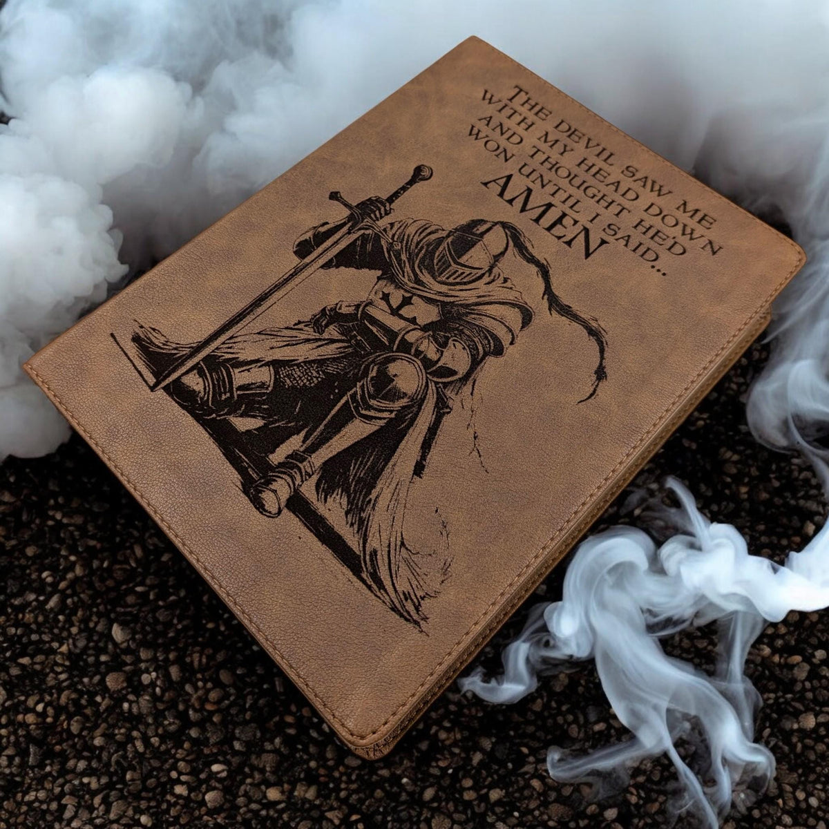 Personalized KJV Bible: Engraved Kneeling Warrior, Wide Margin, Brown