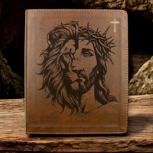 Personalized NIV Journal Bible: Engraved Lion and Jesus, Lined Wide Margins