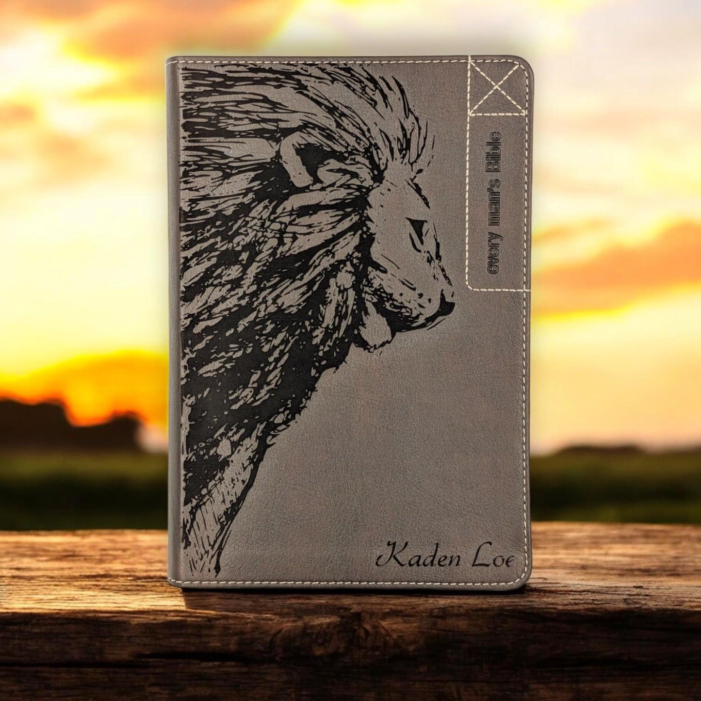 Personalized Every Man's Bible NLT: Engraved Lion and Kneeling Warrior, Brown Deluxe Edition
