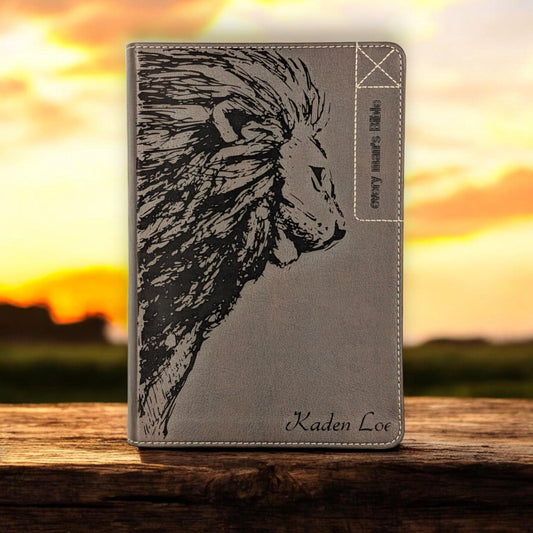 Personalized Every Man's Bible NLT: Engraved Lion and Kneeling Warrior, Brown Deluxe Edition